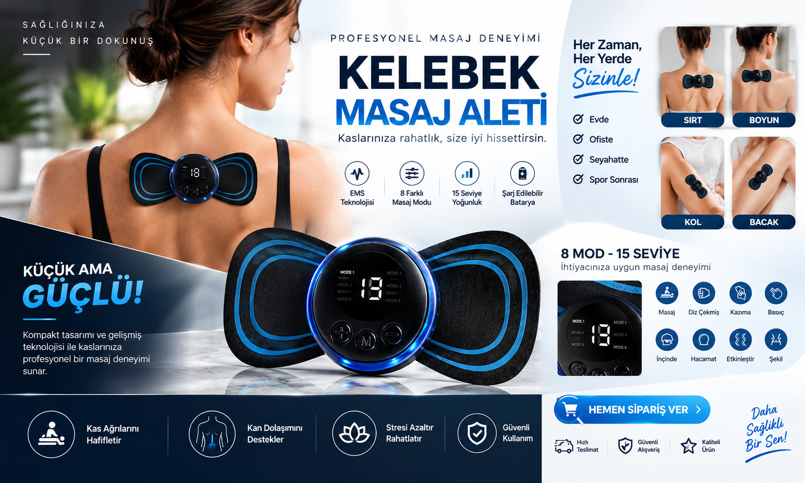 2 Adet Kelebek EMS Mikro Akım Masaj Aleti – 8 Mod 19 Seviye