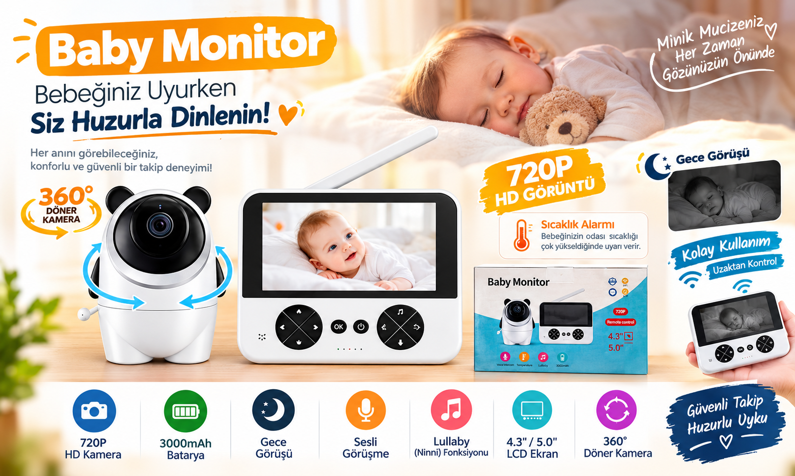 Baby Monitor Bebek Telsizi LCD Ekran 720P HD
