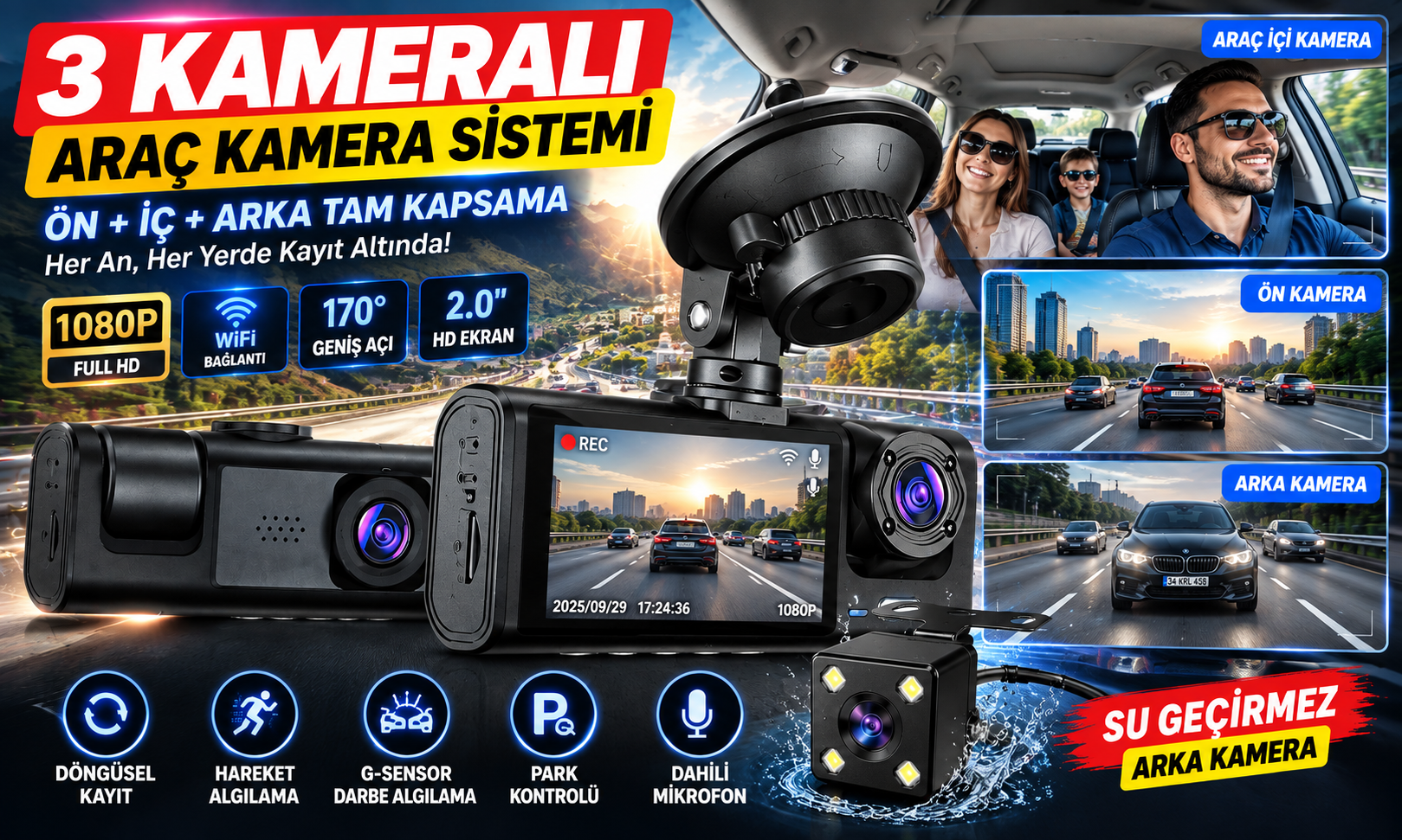 3 Kameralı 1080P Araç Kamerası Ön İç Arka Kamera WiFi